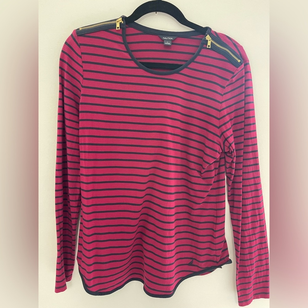 Nautica women's size large top in a red and black striped with shoulder zippers
